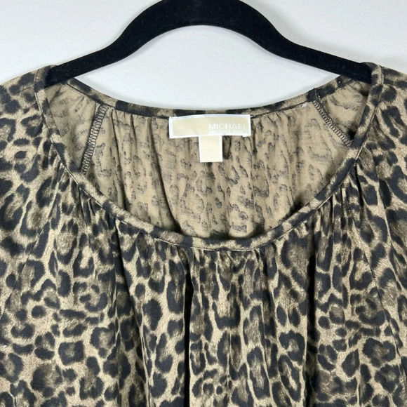 Michael Kors Women's Leopard Print Blouse Tan Black Peasant Mob Wife Flowy Large - Picture 3 of 13